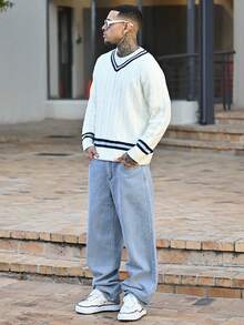 Devon Thys 寬鬆版型男士棉質牛仔褲，斜口口袋喇叭口長褲冲浪滑板褲貨運褲平口淺藍色休閒日出遊Y2K風格喜劇之友 - 淺色水洗藍 - 查看 4