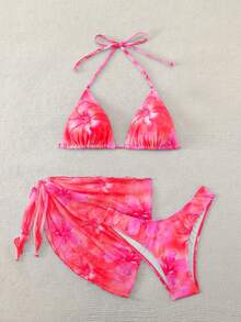 Swim Mod Women's Floral Print Halter Tie Swimwear Set - Hot Pink - View 3