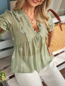 Louniche 女士休闲度假仿刺绣V领荷叶边花瓣袖衬衫 - 綠色 - 查看 6