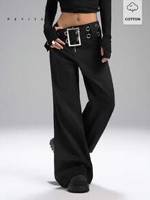 LYSMO Petite 2026 新款极简主义春夏女装金属孔眼腰部休闲裤，Y2K 风格，适合外出、街头风、返校、返校节等场合。 - 黑色 - 查看 1