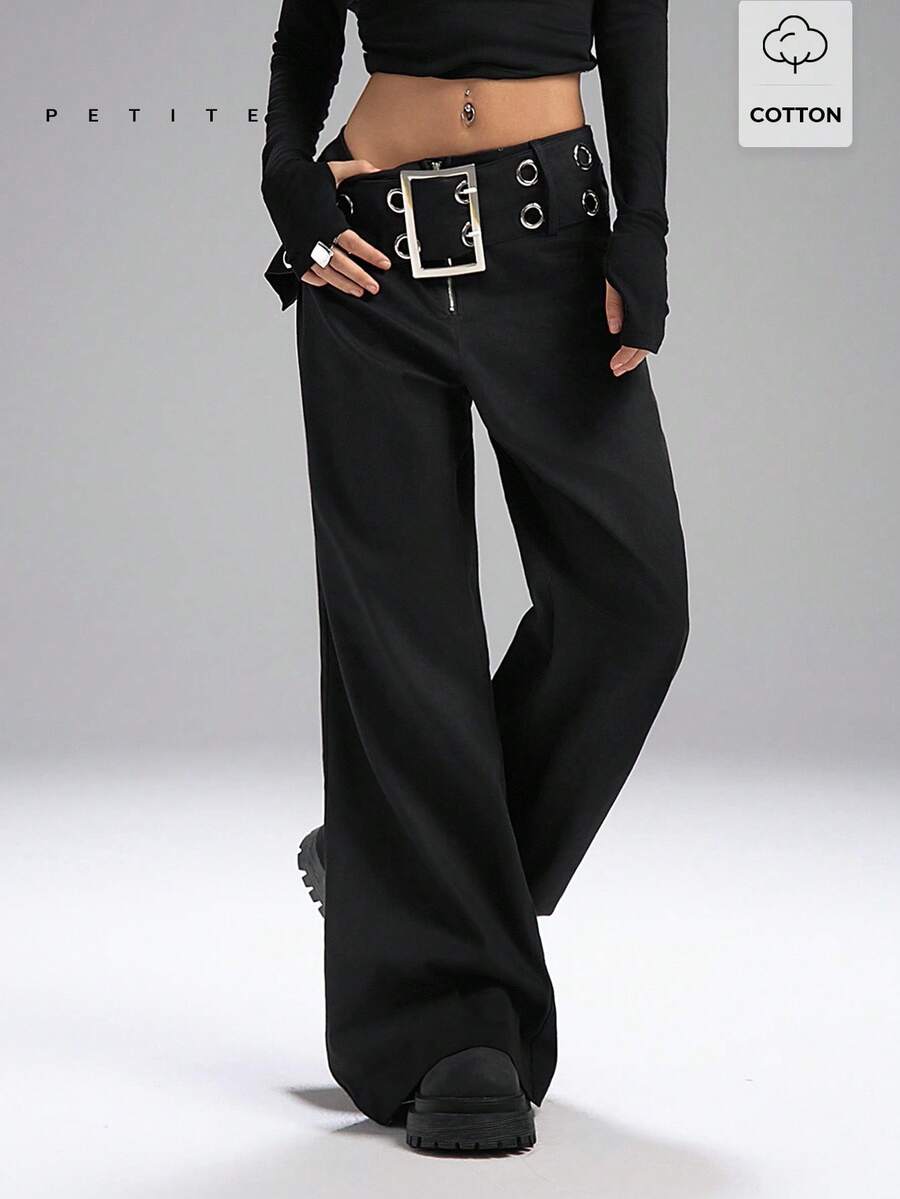 LYSMO Petite 2026 新款极简主义春夏女装金属孔眼腰部休闲裤，Y2K 风格，适合外出、街头风、返校、返校节等场合。 - 黑色 - 查看 1