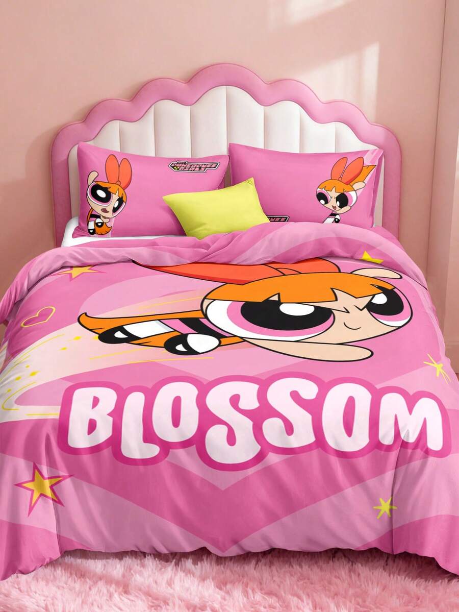 THE POWERPUFF GIRLS X SHEIN 三件套玫瑰粉卡通印花被套,柔软磨砂面料,粉色被套,心形、星星、卡通人物图案,多种尺寸可选,适用于单人床、双人床、特大号床和加大号床。 - 粉色 - 查看 1