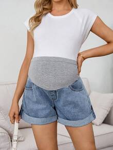 SHEIN Maternity Denim Shorts For Women,Blue Summer Smart Casual Over Belly Stretch Jean Shorts,Patchwork Pocket Folded Hem Button Detail Comfortable Jorts - Blue - View 5