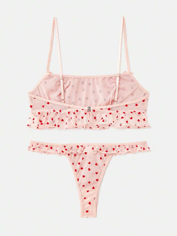 Pink Heart Print Cami And Tanga Lingerie Set With Red Hearts And Ruffle Details Romantic French Style Parisian Style Cute Underwear Women Heart Print Lingerie Ruffle Lingerie Lingerie Cute Kawaii Lingerie Heart Print Lingerie Lingerie For Women Set