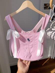 Comfortcana 2026 Frühling/Sommer Neue Mode Damen Western Stil Schnürung Bestickte Crop Top, Rosa Anliegende Bustier, Vintage Stil für Neujahr, Weihnachten, Erntedankfest Party - Pink - Übersicht 8