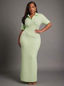 NYA SZN Avocado Green Summer Smart Casual Everyday Women's Plus Collared Textured Fitted Maxi Dress Modest Wedding Guest Prom Bridal Dinner Date Night Outfits - Green - View 1