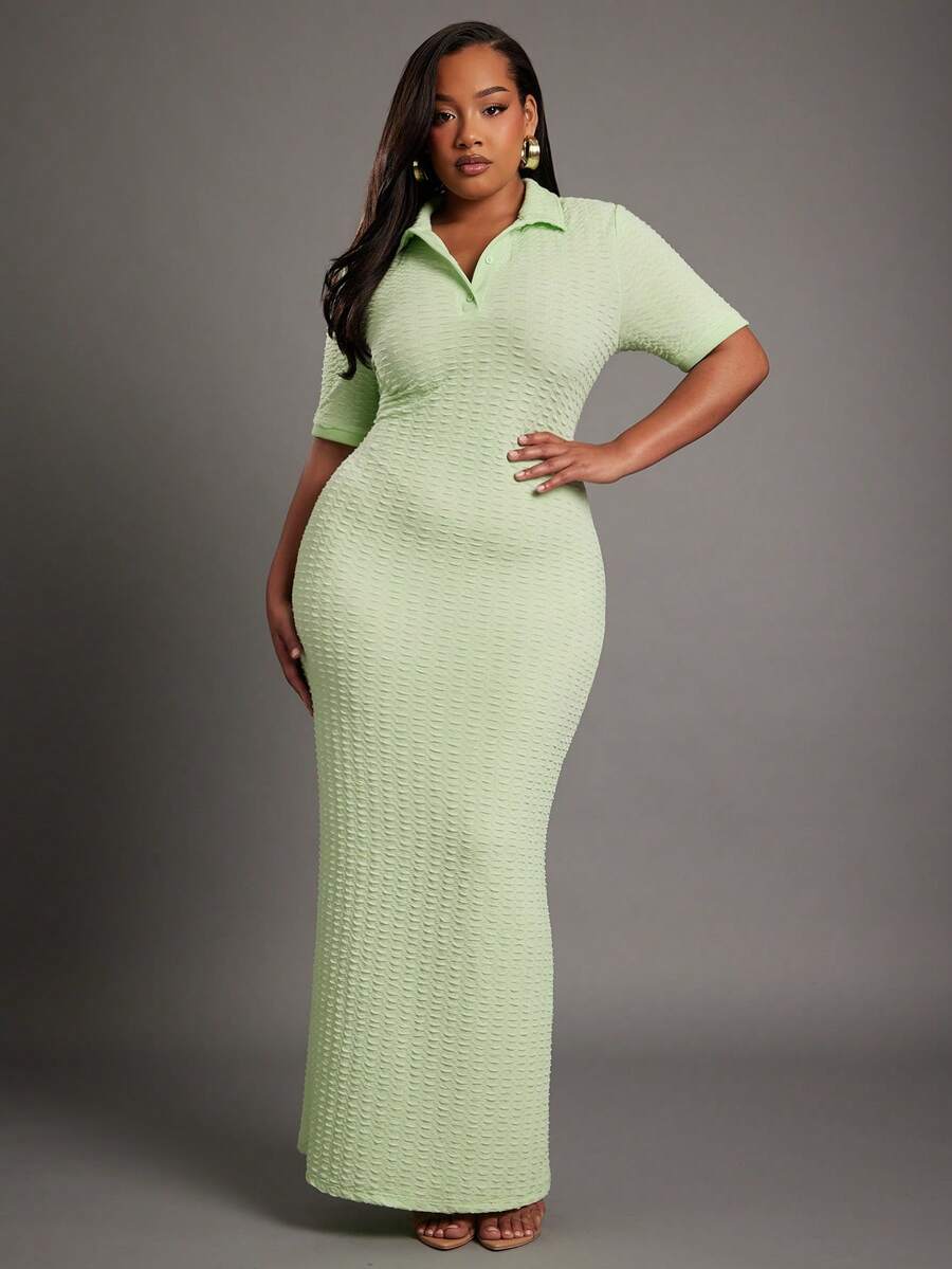 NYA SZN Avocado Green Summer Smart Casual Everyday Women's Plus Collared Textured Fitted Maxi Dress Modest Wedding Guest Prom Bridal Dinner Date Night Outfits - Green - View 1
