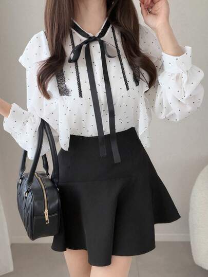 FRIFUL 女士夏季波点褶皱荷叶边抽绳蝴蝶结修身百搭衬衫