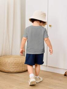 Cozy Pixies 2pcs Baby Boy Letter Pattern Knit Soft Crew Neck Short Sleeve Top And Elastic Waist Shorts Set,Kids - Multicolor - View 5