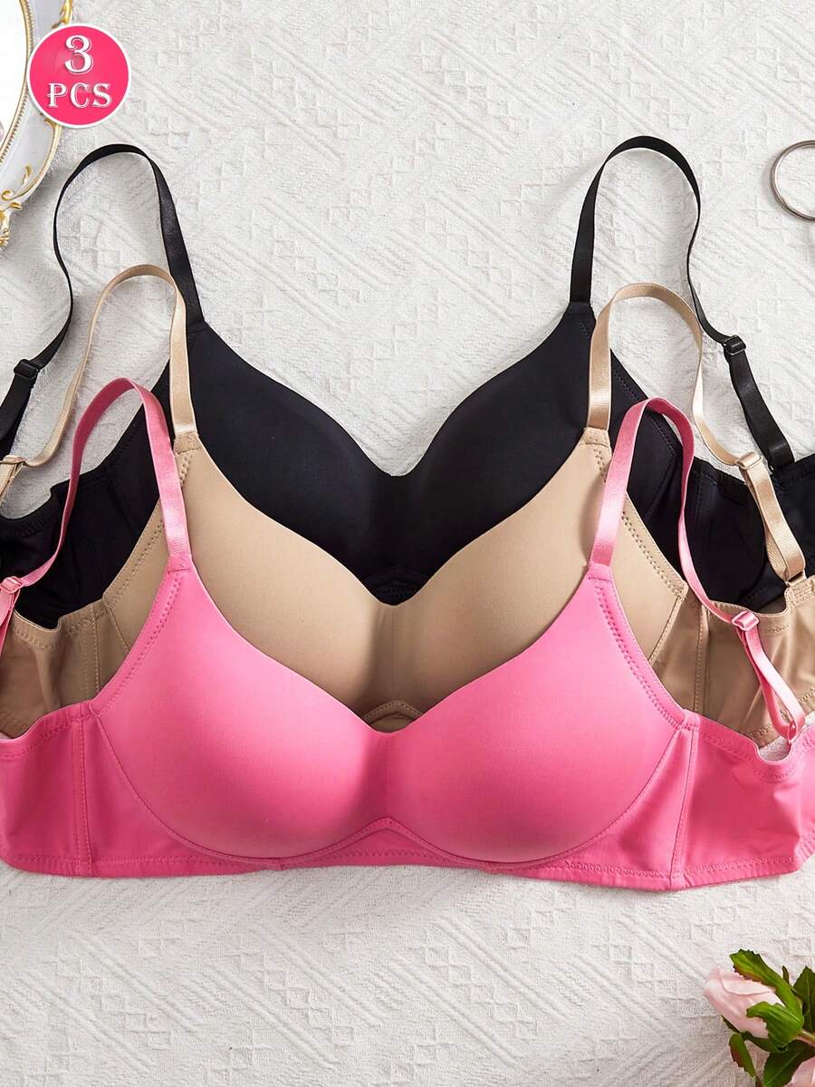 NudeFit 3cps Women's Comfortable Casual Minimalist Solid Underwear Without Underwire Soft Cup Anti-Sagging Bra - Multicolor - View 1