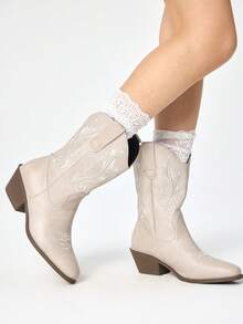 ROMWE Fairycore 女士粉色西部靴，尖头V型厚底刺绣皮靴，低跟木屐，套穿式骑马靴和踝靴春季鞋 - 米色粗線 - 查看 2