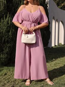 EMERY ROSE 大码女式休闲粉色露肩吊带V领系腰蝴蝶结连体裤，春夏款 - 粉色 - 查看 6