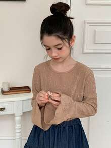 DAZY Kaos Anak Perempuan Remaja dengan Leher Bulat dan Bahan Renda, Model Lengan Mengembang Pas Badan, Musim Gugur - Khaki - View 5