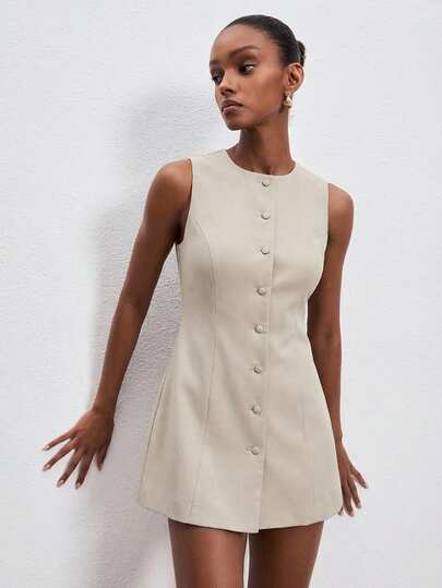ATUI Studio 女士纯色圆领单排扣无袖迷你连衣裙