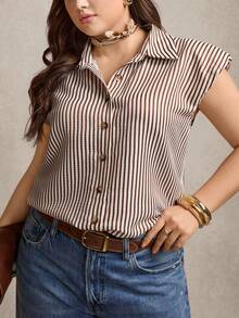 Zelara 大码夏季休闲通勤条纹棕色上衣，商务休闲上衣，适合度假、海滩度假、复活节、春夏穿着。 - 彩色 - 查看 4