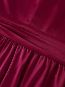 SHEIN Clasi Plus Size Women's Elegant Romantic 3D Pearl Decor Camisole Waist Slimming Short Satin Burgundy Dress, Summer - Burgundy - View 7