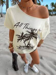 Muchica 新款热带印花休闲宽松单肩女式T恤 - 淡黃色 - 查看 4