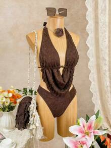 Bonvoyette Brown Textured Fabric Halter Neck Tie Chest Accessory Design & Matching Fabric Triangle Panty & 3-Layer Tulle Cake Skirt Sexy Sweet Beach Vacation Women 3 PiecesSwimsuit - Brown - View 3