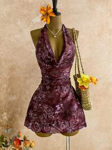 Sweetra Đầm mùa hè nữ phong cách Mỹ cổ điển, thiết kế in họa tiết, gợi cảm, cổ xếp ly, eo nhún, vạt bất đối xứng. - Nhiều màu - Xem 1