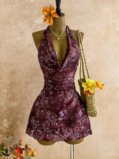 Sweetra Đầm mùa hè nữ phong cách Mỹ cổ điển, thiết kế in họa tiết, gợi cảm, cổ xếp ly, eo nhún, vạt bất đối xứng.