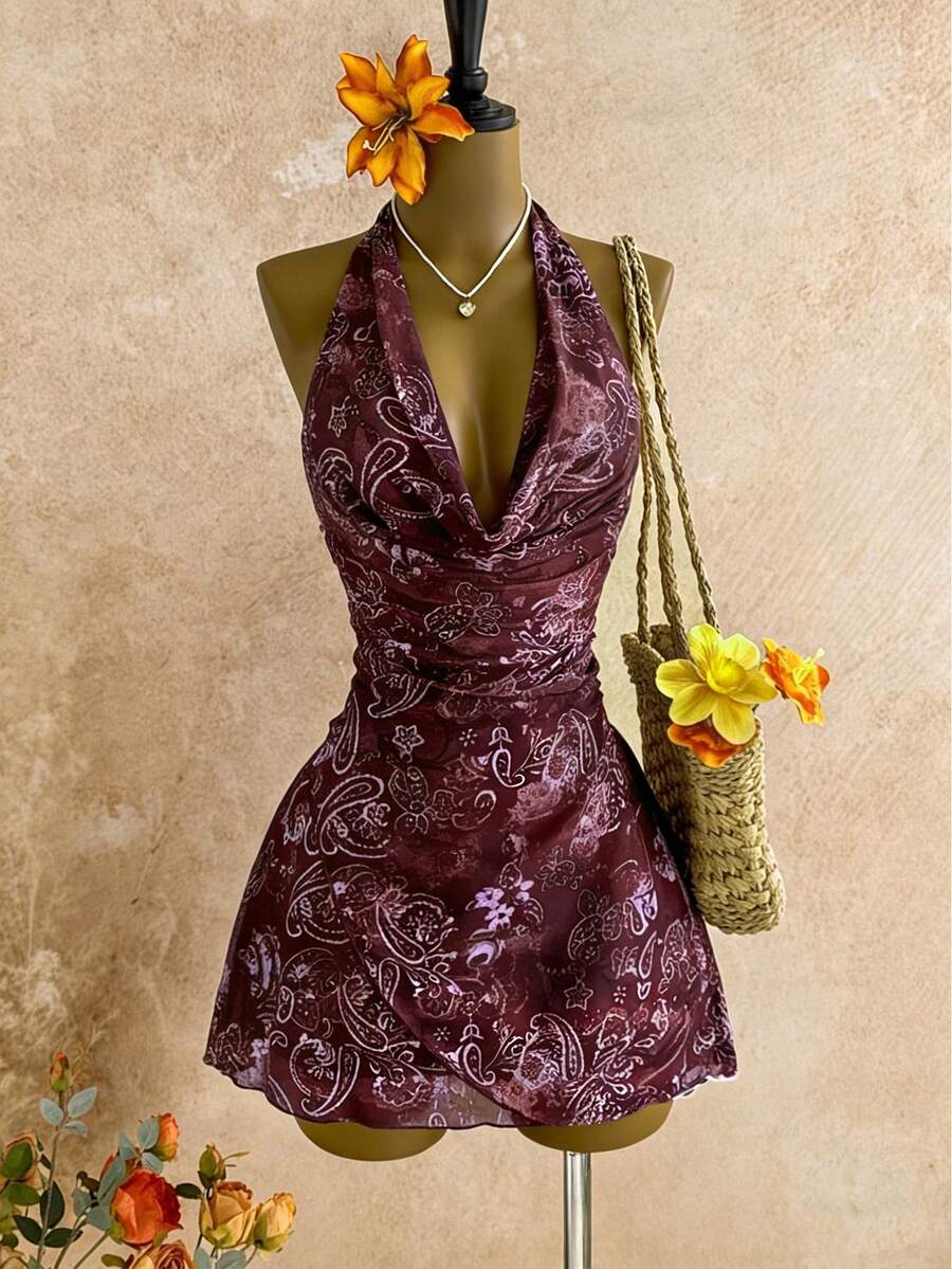 Sweetra Đầm mùa hè nữ phong cách Mỹ cổ điển, thiết kế in họa tiết, gợi cảm, cổ xếp ly, eo nhún, vạt bất đối xứng. - Nhiều màu - Xem 1