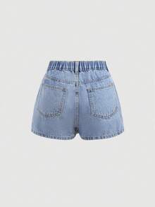 Girlism Minifalda de mezclilla azul con bordado de lazo rosa para adolescentes - Lavado ligero - Ver 2