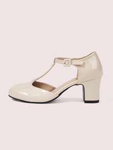 CUCCOO DOLLMOD Women's Shoes Round Toe Apricot Patent Leather T-Word With College Style Mary Jane Afternoon Tea Wear Thick Heel High Heel Shoes - Apricot - View 7