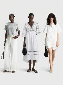 beige, de manga corta, con diseño de bordado hueco, minimalista y elegante de estilo urbano chic, adecuada para salidas, vacaciones, fiestas, citas, bodas, oficina, escuela, versátil de moda - Gris Claro - Ver 4