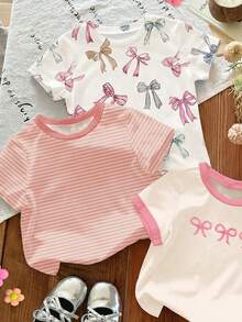 Tween Girls 3-Piece Bow Print Short Sleeve Set, Casual & Comfortable Spring/Summer, Fashion, Suitable For Outdoor Activities, Picnics, Street Photography, Home, School, Festivals, Gifts - White - View 4