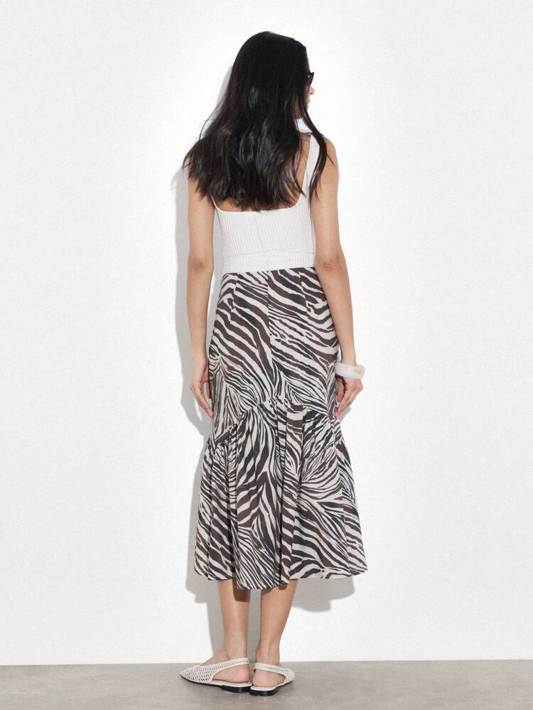 KSTM Zebra Print High Waist Ruffle Hem Midi Skirt Flowy Summer A-Line Wrap Style Animal Print Casual Vacation Beach Lightweight Feminine