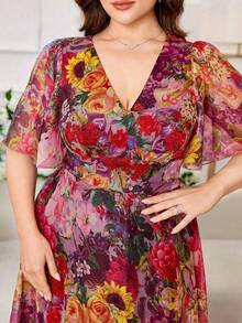 Modelyn New Luxury Elegant Loose V-Neck Short Sleeve Dress - Hot Pink - View 3