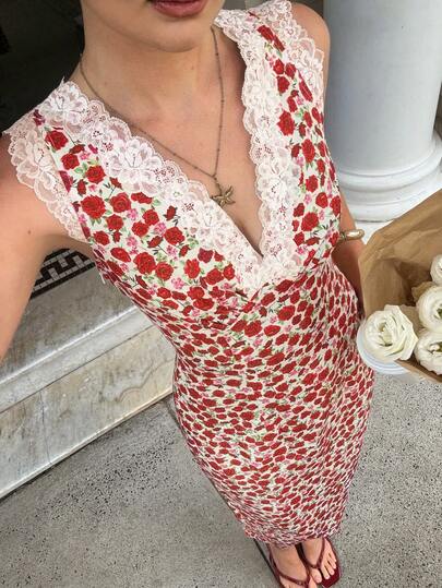 Serisse Women's Casual Ditsy Floral Lace Trim Sleeveless Midi Dress For Vacation