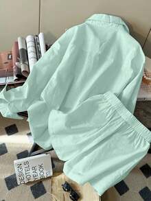 Resyla Model Terbaru, Setelan 2 Potong Linen Kasual Longgar Lengan Panjang untuk Wanita - Mint Green - View 2