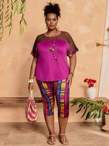 EMERY ROSE Conjunto de 2 piezas talla grande para mujer - Top de manga corta con parches de malla y leggings - Multicolor - Ver 4