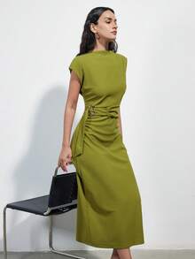 Aveloria Modichic Avocado Green Cap Sleeve Midi Dress, Cinched Waist Waist Design With Asymmetric Metal Buckle, Elegant Versatile Office To Casual Wear - Green - View 4