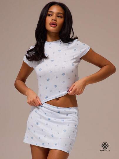 MUSERA ESSENTIALS Ditsy Floral Printed Pointelle Shortsleeve Crewneck Top Coord Top Only Spring Winter Cosy Cute Daily Girly Lounge Essential