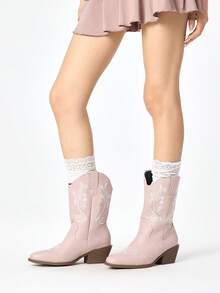 ROMWE Kawaii Botas occidentales rosas para mujer, botas de cuero con bordados, punta puntiaguda, corte en V, tacón grueso, zuecos de tacón bajo, botas de montar de fácil puesta y botines de primavera - Línea gruesa rosa - Ver 2