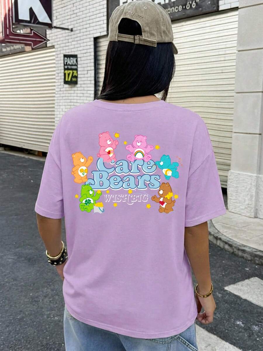 SHEIN X Care Bears 大码女式圆领卡通字母印花休闲百搭日常短袖T恤 - 白色 - 查看 1