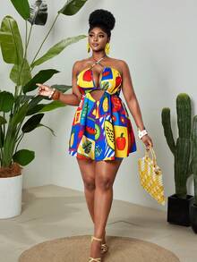 Maweii Plus Size Women's New Elegant Contrast Color Floral Print Fabric, Versatile Tie-Neck Hollow Front Jumpsuit With Flared Skirt - Multicolor - View 4
