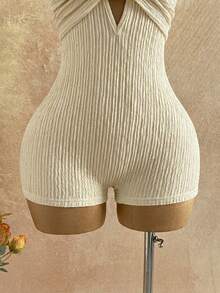 Soleia 女士白色纹理针织优雅露背圆环连体裤，性感迷人，适合万圣节、圣诞节、度假等场合。 - 杏色 - 查看 6