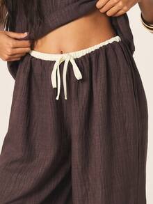 MISSGUIDED Quần ống rộng cạp cao chất liệu giả vải lanh với dây buộc tương phản, kiểu quần palazzo có dây rút, thích hợp cho mùa hè, phong cách thường ngày thoải mái, thoáng khí, nhẹ nhàng và mềm mại. - màu nâu - Xem 4