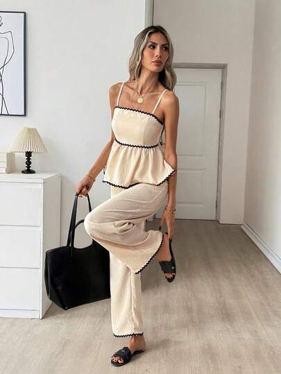 Easowa 2pcs Linen-Like Fabric Khaki Camisole And Pants Set, Suitable For Casual Vacation