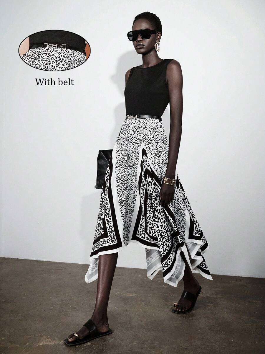 Lumivelle Women's New Round Neck Ribbed Knit Fabric Patchwork Leopard Print Asymmetrical Hem Casual Minimalist Fashion Dress, Spring/Summer Asymmetrical Skirt Wrap Skirt Black And White Skirt Graphic Print Skirt Pattern Skirt - Multicolor - View 1