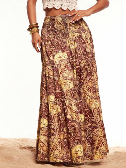 Radiana Bohemian Style Printed Low Waist Skirt, Paisley Pattern Long Dress, Vacation Skirt, Beach Dress, Loose Comfortable Casual Skirt, Suitable For Island Vacation, Beach, Holiday, Casual Outing, Party, Music Festival, Concert, Country Music Event