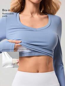 OutZeal Workout Tops Women Sports Tee Gym Yoga Pilates Cool Touch UV Protection Bra-In Back Mesh Cropped Tops - Blue - View 4