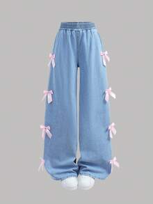 Girlism Quần jean xanh dáng rộng, điểm nhấn nơ hồng cho bé gái tuổi teen, thích hợp mặc đi nghỉ mát mùa xuân hè, phong cách đồng quê boho, quần jean đi biển, phong cách đường phố miền Tây, kỳ nghỉ xuân, quần jean dự lễ hội. - Rửa nhẹ - Xem 3