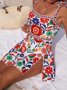 Swim Lushoire 女士优雅印花连体泳衣，适合海滩、泳池、休闲派对、度假、春夏穿着 - 彩色 - 查看 6