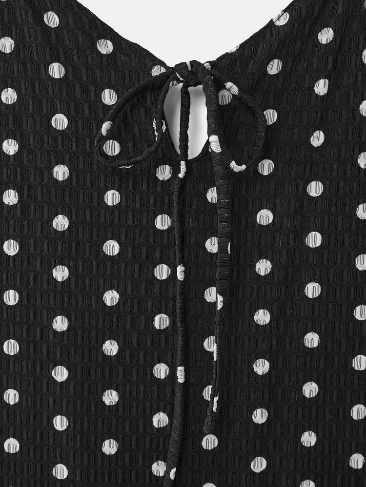Black Polka Dot Print Fitted Stretch Midi Dress With Tie Front Detail Delicate Straps And Feminine Cute Spring Summer French Style Parisian Style