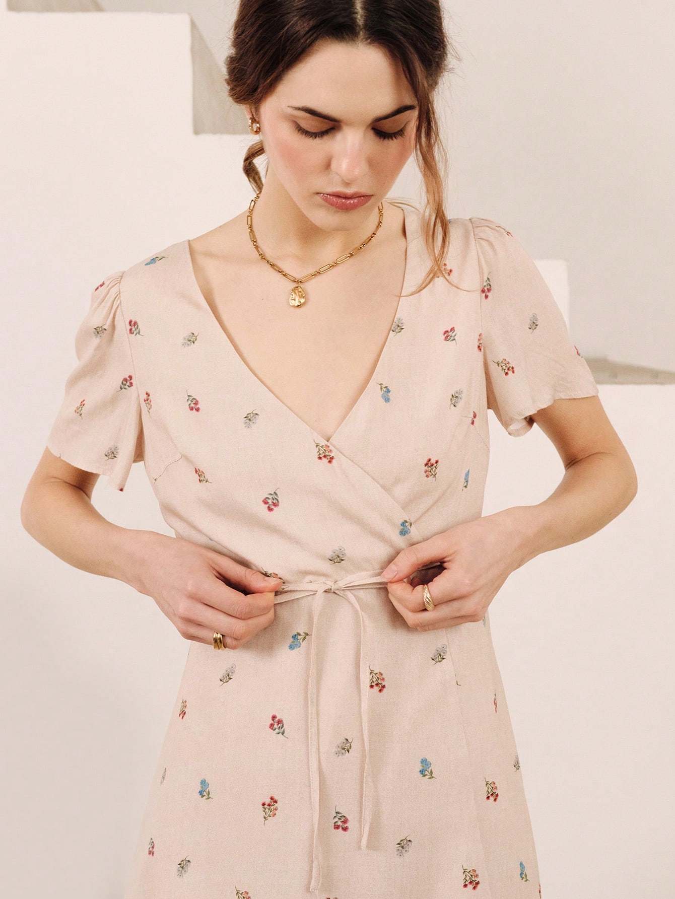 Beige Mini Wrap Dress With Floral Embroidery And Small Buttons Spring Summer Vacation French Style Parisian Style Resort Dress Holiday Dress