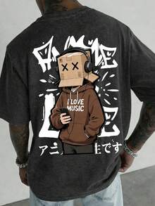 Manfinity LEGND Men's Washed Cotton T-Shirt With Music Box Person Graphic - Black - View 1